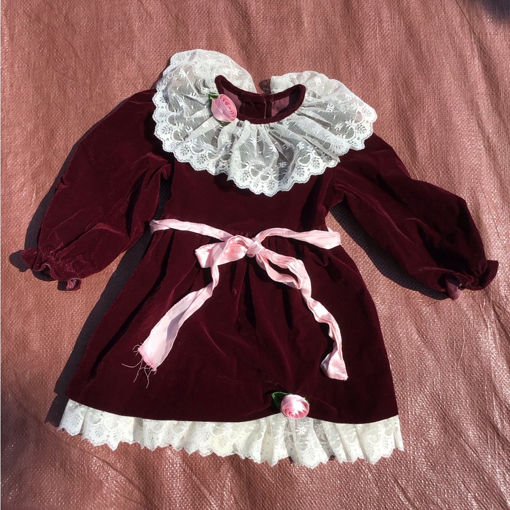 Jo Lene Maroon velvet dress with lace trim